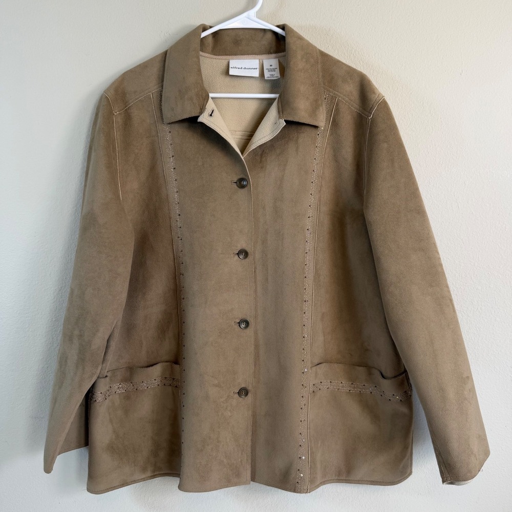 Alfred Dunner Faux Suede Jacket‎ Plus Size 20 Brown Lightweight Rhinestone Trim